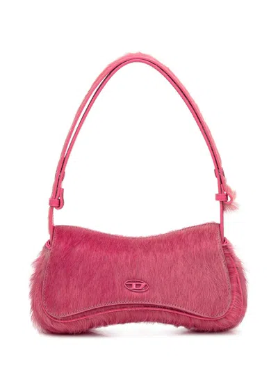 Diesel Pink Synthetic Fur Shoulder Bag With Logo