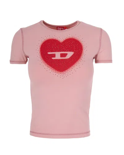 Diesel Digital Heart Print With Studded Details T-shirt In Pink