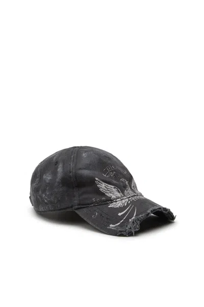 Diesel Distressed Baseball Cap With Phoenix Print In Black