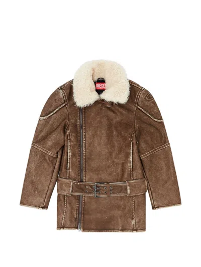 Diesel Distressed Brown Leather Coat With Plush Shearling Collar