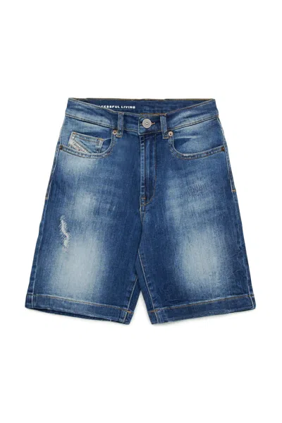 Diesel Kids' Shorts In Denim Blu Medio Con Strappi In Blue