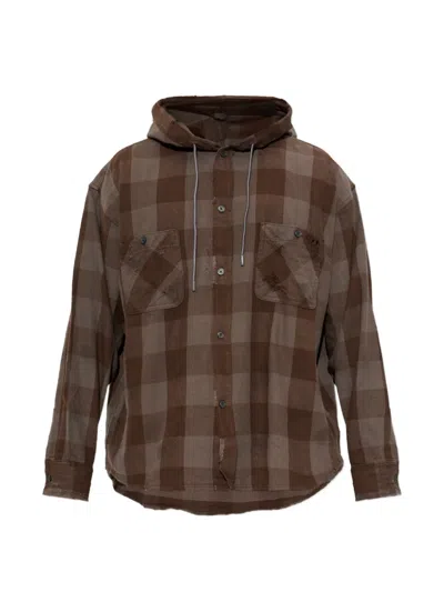 Diesel Distressed Hooded Shirt In Check Flannel In Brown
