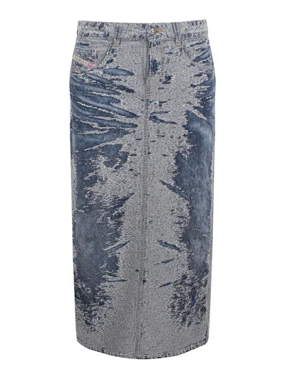 DIESEL DISTRESSED JACQUARD DENIM MIDI SKIRT