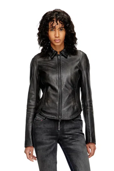 Diesel Distressed Leather Jacket In Black