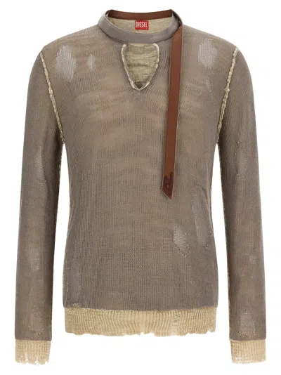Diesel Distressed Linen-blend Jacquard Sweater In Taupe