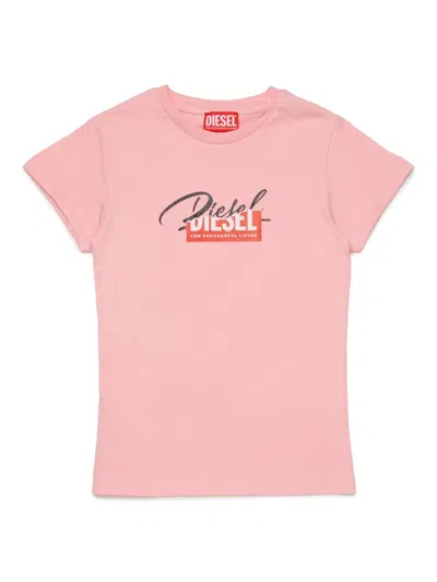 Diesel Kids' Distressed-logo-print Cotton T-shirt In Pink