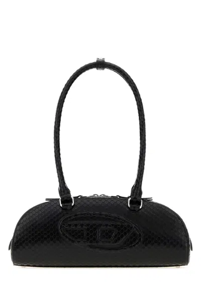 Diesel Dome Shoulder Handbag In Leather With Silver Hardware, 32 Cm Width In Black