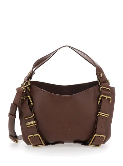 Diesel D-one Small Top-handle Handbag With Logo And Zip Closure In Brown