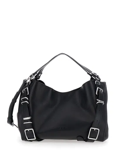 Diesel D-one Top Handle Medium Leather Shoulder Bag With Embossed Logo And Metal Details In Black