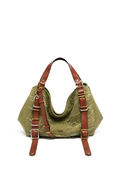 Diesel D-one-medium Top-handle Bag In Distressed Canvas In Green