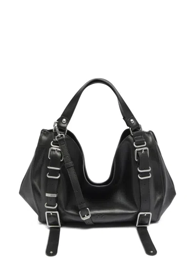 Diesel D-one-medium Tote Bag In Treated Leather With Handle In Black