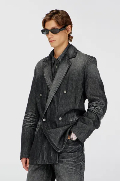 Diesel Double-breasted Blazer In Creased Denim In Black