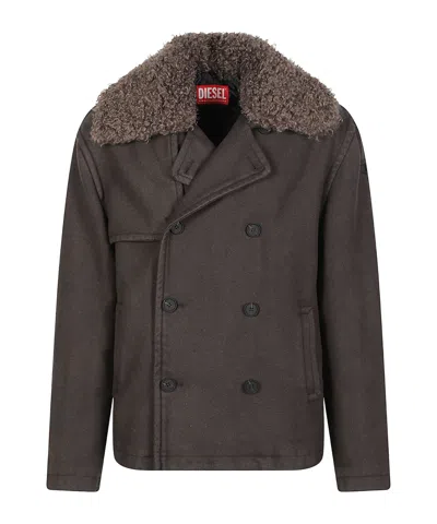 Diesel Shearling-collar Double-breasted Jacket In Brown