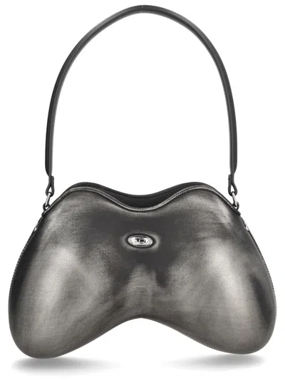Diesel Double-d-rigid Shoulder Bag In Brushed Pu In Silver