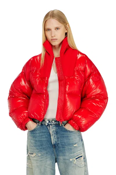 Diesel Down Puffer Jacket In Ripstop With Knitted Collar In Red