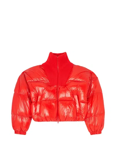 Diesel Down Puffer Jacket In Ripstop With Knitted Collar In Red
