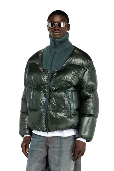 Diesel Down Puffer Jacket In Ripstop With Ribbed Collar In Green