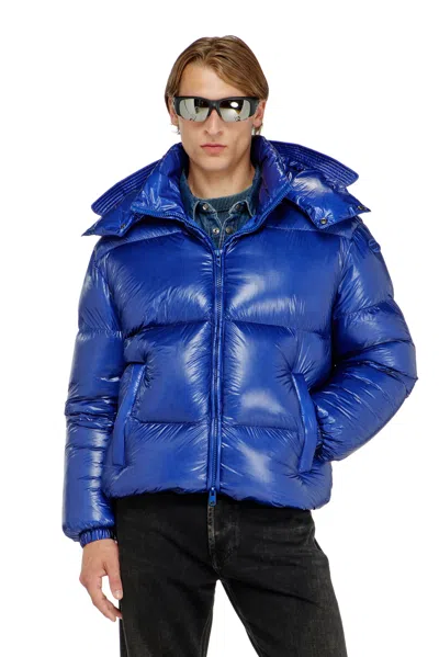 Diesel Down Puffer Jacket With Detachable Hood In Blue