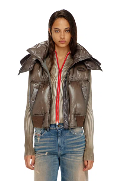Diesel Down Vest In Ripstop With Detachable Hood In Brown