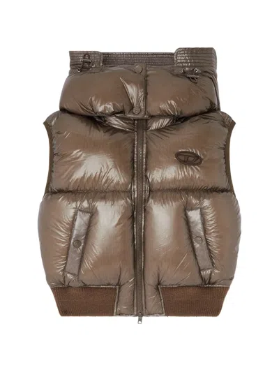 Diesel Padded Vest In Ripstop Fabric With Removable Hood In Brown