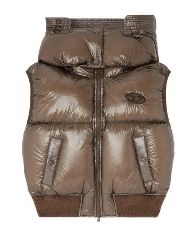 Diesel Down Vest In Ripstop With Detachable Hood In Brown