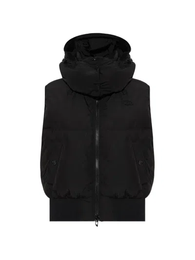 Diesel Down Vest With Drawstring Hood, Zip Front & Button Pockets In Nero
