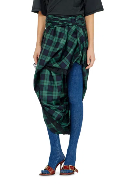 Diesel Draped Tartan Midi Skirt With Lace Trim In Blue