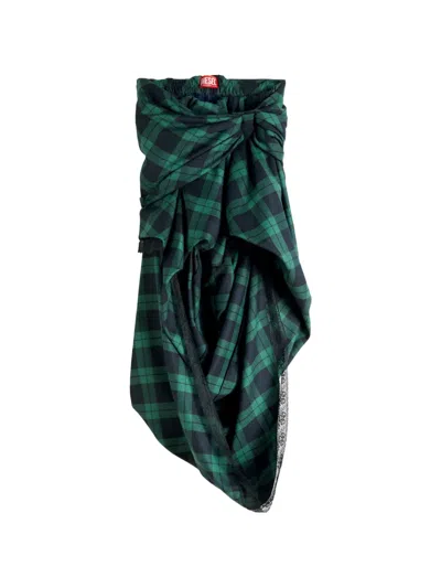 Diesel Draped Tartan Midi Skirt With Lace-trim In Green