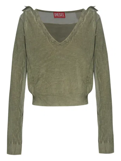 Diesel Draped V-neck Cotton Sweater In Green