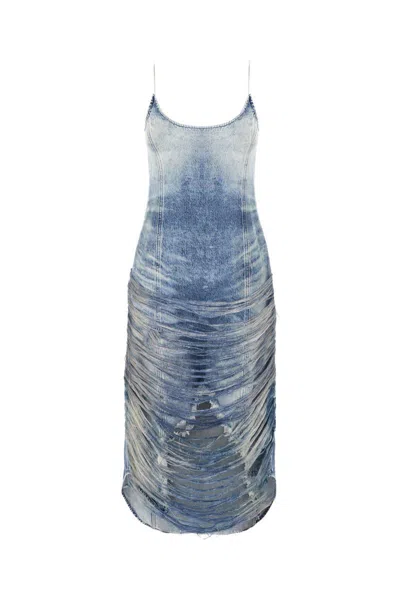 Diesel Mini Denim Dress With Ruched Front And Fringed Hem In Clear Blue