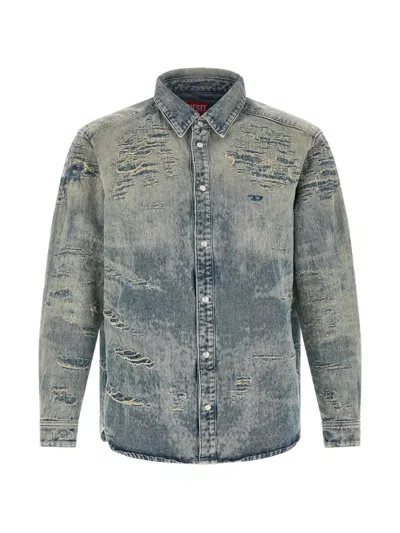Diesel D-simply Distressed Denim Shirt In Blue