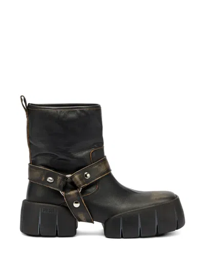 Diesel D-tex Strap-detail Leather Boots In Brown