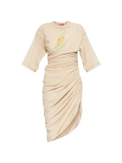 Diesel D-virta Ruched Logo-print Dress In Neutral