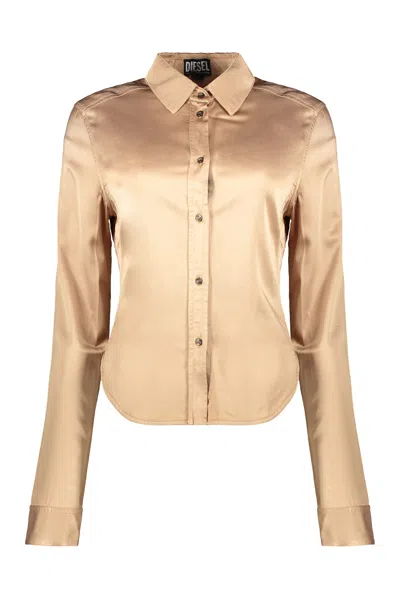 Diesel Elegant Golden Satin Shirt With Classic Collar
