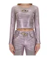Diesel Stretch Denim Cropped Top With Metallic Finish In Gray