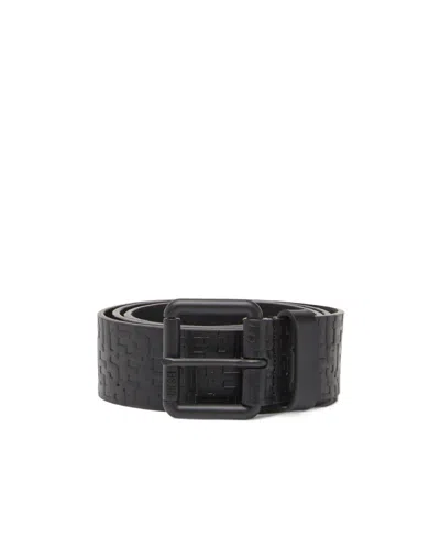 Diesel Embossed-logo Print Leather Belt In Black