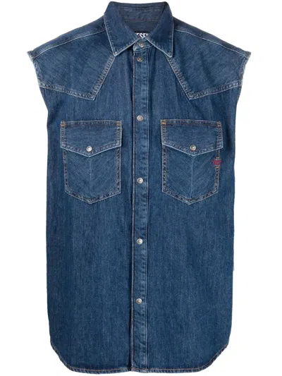 Diesel Embroidered-logo Denim Vest In Blue
