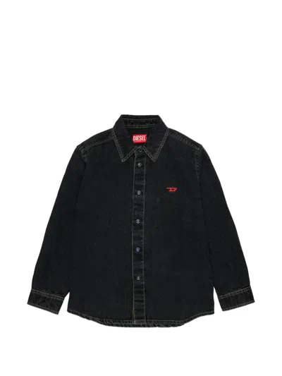 Diesel Kids' 로고 자수 데님 셔츠 In Black