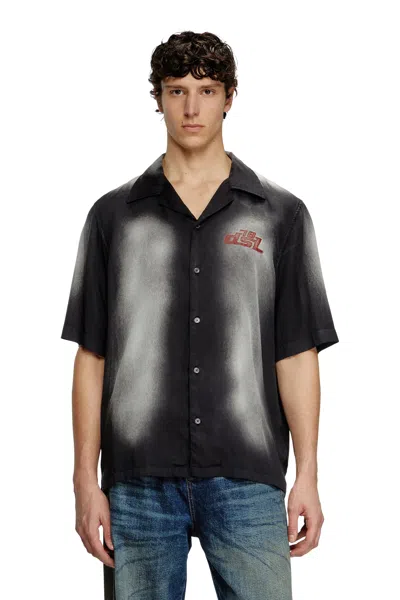 Diesel Faded Bowling Shirt With Logo Prints In Black
