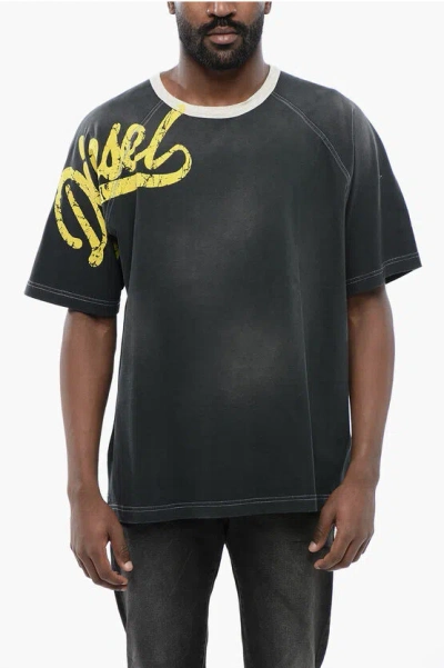 DIESEL FADED EFFECT T-ROXT-SLITS CREW-NECK T-SHIRT WITH FLOCKED LOG