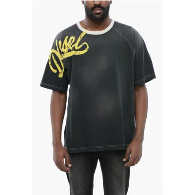 Diesel Faded Effect T-roxt-slits Crew-neck T-shirt With Flocked Log In Black