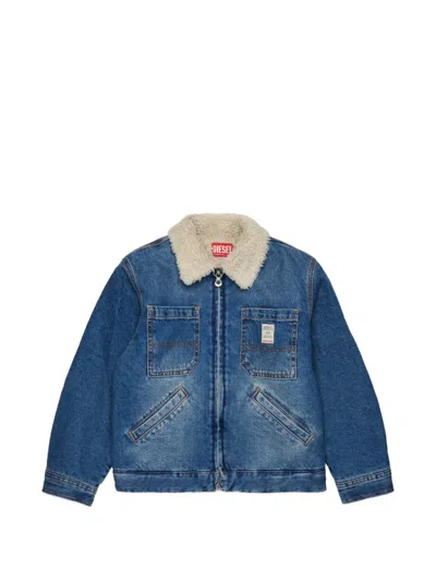 Diesel Kids' Faux-fur Collar Denim Jacket In Blue