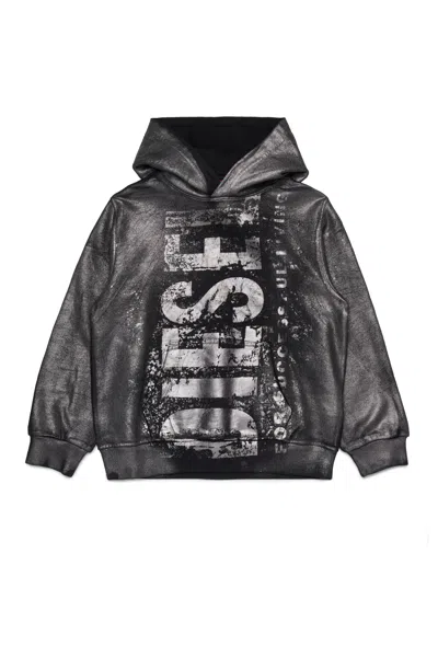 Diesel Kids' Felpa Con Cappuccio E Maxi Logo In Black
