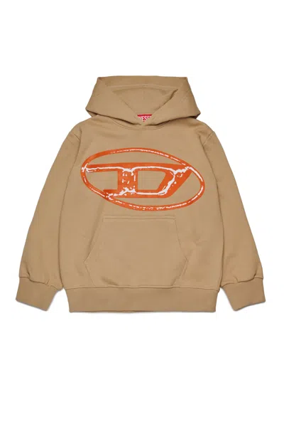 Diesel Kids' Felpa Con Cappuccio E Maxi Logo Oval D Bicolor In Brown
