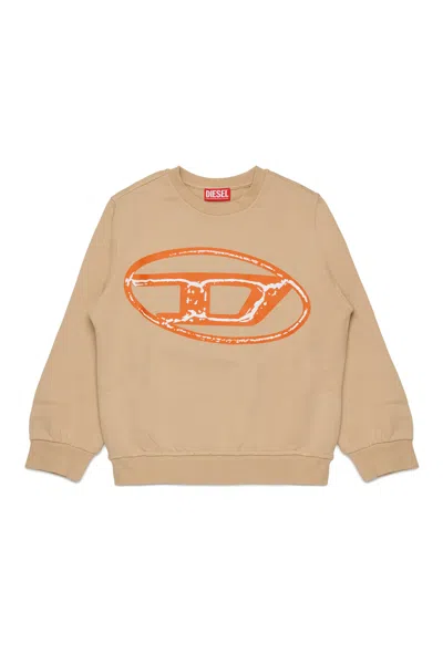 Diesel Kids' Felpa Girocollo Con Maxi Logo Oval D Bicolor In Brown