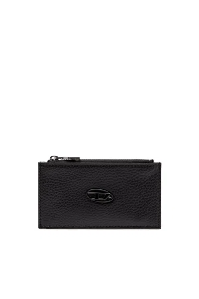 Diesel Flat Card Holder In Grainy Leather In Black