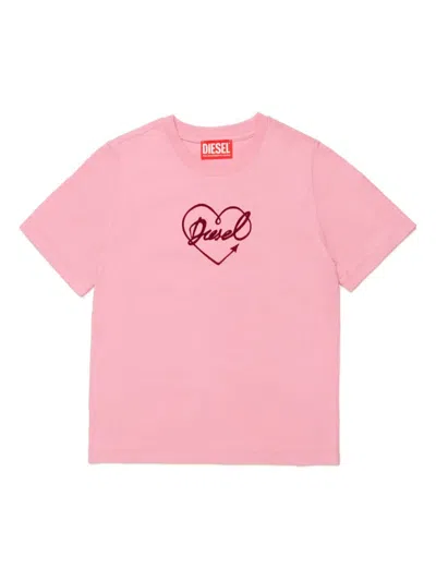 Diesel Kids' Flocked-logo Cotton T-shirt In Pink