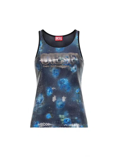 DIESEL FLORAL PRINT AND SEQUINS JERSEY T-UNKY TOP
