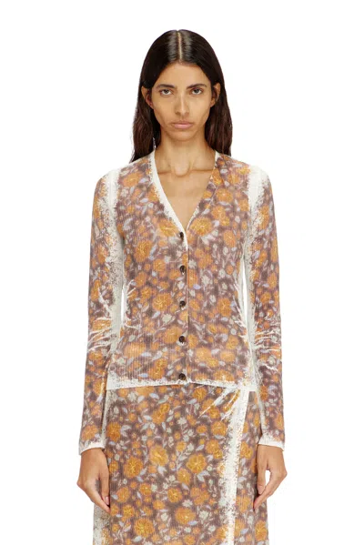 Diesel Floral-print Cardigan In Linen Knit In Brown