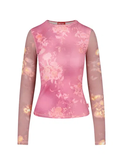 Diesel Floral Print Sheer Long Sleeve Top In Pink
